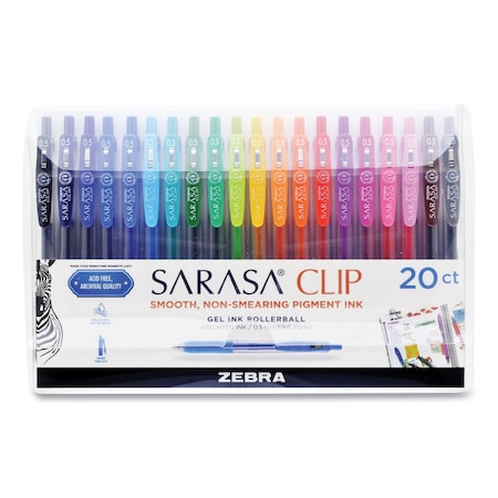 Zebra Pen Sarasa Clip Gel Pen, Retractable, Fine 0.5 mm, Assorted Ink and Barrel Colors, PK20, 20PK 47220
